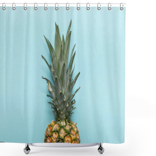 Personality  Top View Of Whole Ripe Tropical Pineapple With Green Leaves On Blue Background With Copy Space Shower Curtains