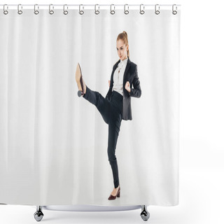 Personality  Businesswoman Performing Karate Kick In Suit And High Heels Isolated On White Shower Curtains