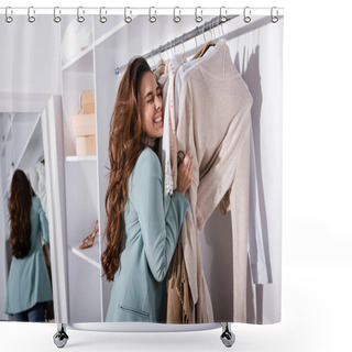 Personality  Cheerful Woman Holding Clothes On Hangers In Wardrobe  Shower Curtains