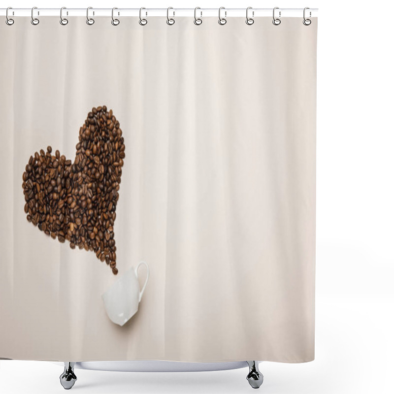 Personality  Top View Of Cup Near Heart Made Of Coffee Grains On Beige Background Shower Curtains