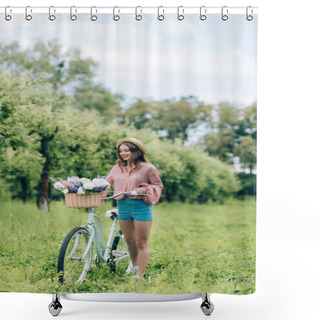 Personality  Young Smiling Woman With Retro Bicycle With Wicker Basket Full Of Flowers In Forest Shower Curtains