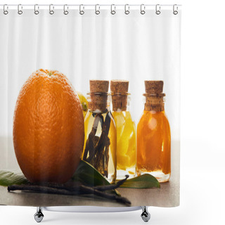 Personality  Bottles Of Essential Oil With Orange And Vanilla On White Background Shower Curtains