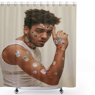 Personality  Cool African American Man In Tank Top With Stickers On Face Looking At Camera On Grey Background Shower Curtains