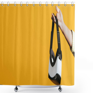 Personality  Partial View Of Woman Holding Virtual Reality Headset, Isolated On Yellow Shower Curtains