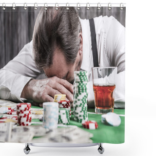 Personality  Depressed Senior Man Leaning Head At The Poker Table Shower Curtains