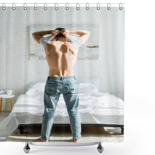 Personality  Man In Jeans Standing Backwards Near Bed And Taking Off White T-shirt In Bedroom Shower Curtains