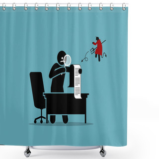 Personality  The Devil Is In The Details. Vector Artwork Showing A Man Checking A Document Or Agreement With A Magnifying Glass In Details.  Shower Curtains