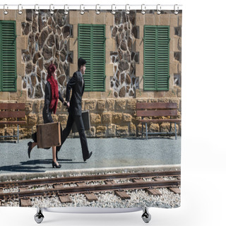 Personality  Young Couple With Vintage Suitcase Running Fast Outside A Train Station To Catch The Last Train For Journey.  Shower Curtains