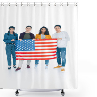 Personality  Happy Multiethnic Students With Usa Flag Isolated On White Shower Curtains