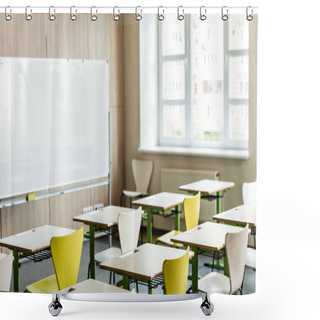 Personality  Classroom With Wooden Desks, Chairs, Window And Flipchart Shower Curtains