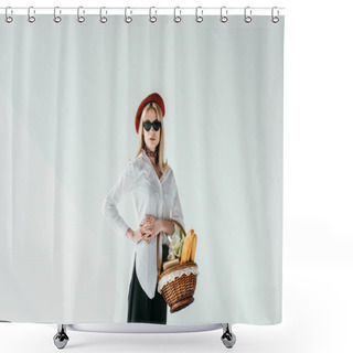 Personality  Stylish Blonde Girl Holding Basket With Bread And Flowers Isolated On Grey Shower Curtains