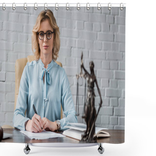 Personality  Confident Female Lawyer In Eyeglasses Sitting At Workplace And Looking At Camera Shower Curtains