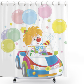 Personality  Funny Ginger Clown Driving His Car With Colorful Balloons, Vector Illustration In A Cartoon Style Shower Curtains