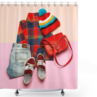 Personality  Stylish Set Of Clothes. Checkered Jacket And Bright Accessories. Shower Curtains