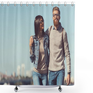 Personality  Couple Having Walk Outdoors Shower Curtains