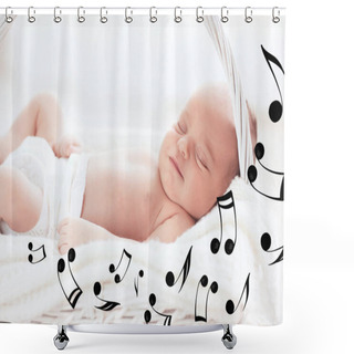 Personality  Cute Baby Sleeping In Basket. Lullaby Songs And Music Concept Shower Curtains