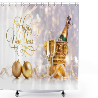 Personality  Happy New Year. Two Glasses Of Champagne And A Bottle Of Champagne In A Golden Bucket With Ice On The Background Of Bokeh And Sparklers Shower Curtains