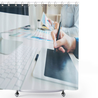 Personality  Two Graphic Designer Drawing On Graphics Tablet And Color Palette Guide At Workplace Shower Curtains