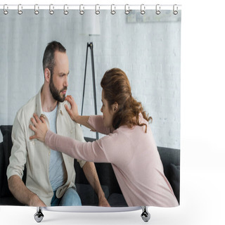 Personality  Angry Woman Pushing Handsome Bearded Man At Home  Shower Curtains