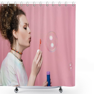Personality  Young Woman Blowing Soap Bubbles On Pink Background Shower Curtains