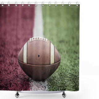 Personality  Closeup Of An American Football Resting On The Goal Line At A Football Stadium. Looks Like Its A Touchdown. Shower Curtains