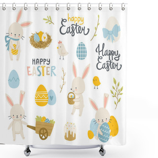 Personality  Easter Rabbits With Eggs An Calligraphy Cartoon Set. Easter Decoration Bundle With Bunny, Plants, Lettering, Chicken, Cake. Shower Curtains
