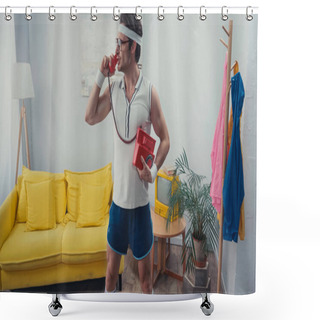 Personality  Sportsman In Eyeglasses Standing While Talking On Landline Telephone In Living Room Shower Curtains