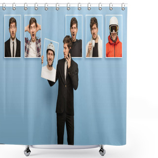 Personality  Young Man Showing Portraits With Different Emotions Isolated On Pink Background. Shower Curtains