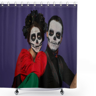 Personality  Dia De Los Muertos Couple, Woman In Catrina Makeup And Black Wreath Leaning On Spooky Man On Blue Shower Curtains