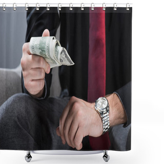 Personality  Midsection Of Businessman Sitting In Armchair  And Holding Money In Hand, Isolated On Gray Shower Curtains