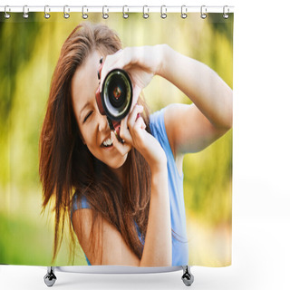 Personality  Young Smiling Girl Making Photo Shower Curtains