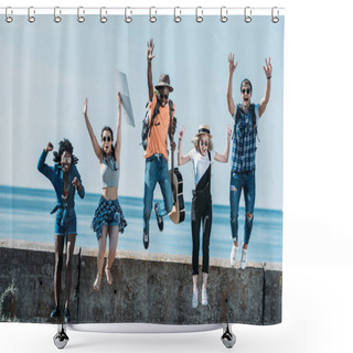 Personality  Multicultural Friends Jumping Of Parapet Shower Curtains