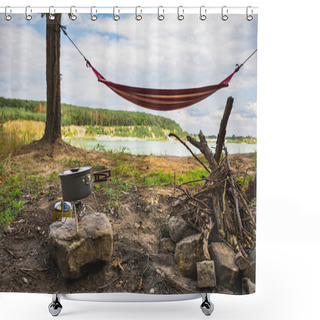 Personality  View Of Camping Near Lake With Hammock Between Trees Copy Space Shower Curtains