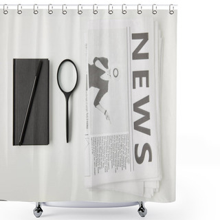Personality  Top View Of Notebook With Pen, Magnifying Glass And Newspapers Isolated On Grey  Shower Curtains