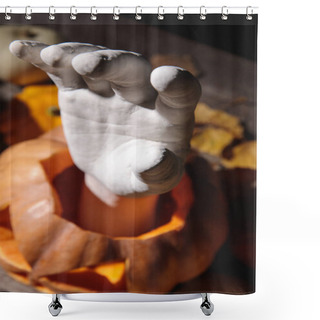 Personality  Selective Focus Of Decorative Hand In Carved Halloween Pumpkin On Wooden Rustic Table Shower Curtains