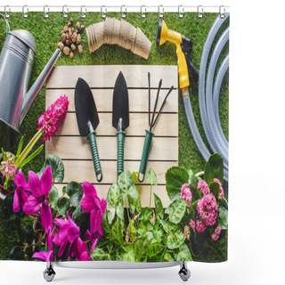 Personality  Top View Of Gardening Equipment And Flowers On Grass Shower Curtains