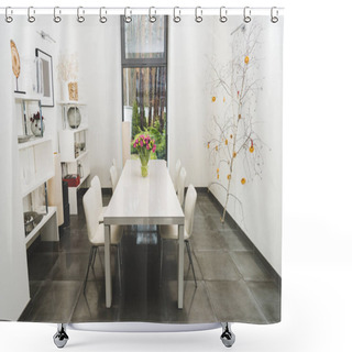 Personality  View Of Stylish Empty Dining Room With Bouquet Of Tulips On Table Shower Curtains