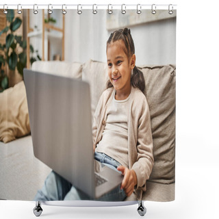 Personality  Happy Elementary Age Girl Sitting On Sofa And Using Laptop In Modern Living Room, E-learning Shower Curtains