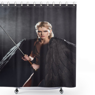 Personality  Beautiful Aggressive Woman In Warrior Costume With Angel Wings Holding Sword And Looking At Camera On Black Background Shower Curtains