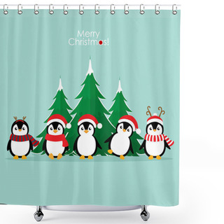 Personality  Penguin. Christmas Background. Christmas Greeting Card. Shower Curtains