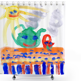 Personality  Children's Drawing Water Color Paints. Smiling Sun, Table, Tea. Shower Curtains