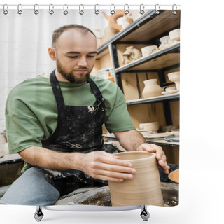 Personality  Bearded Craftsman In Apron Shaping Clay Vase On Pottery Wheel In Ceramic Workshop At Background Shower Curtains
