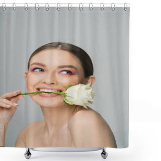 Personality  Smiling Woman With Naked Shoulders And Makeup Posing With White Rose In Teeth Isolated On Grey Shower Curtains