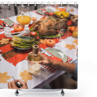 Personality  Cropped View Of Man Near Bottle Of White Wine At Table Served With Thanksgiving Dinner Shower Curtains