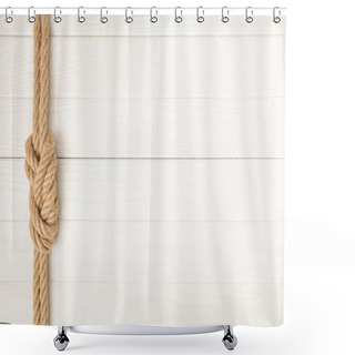 Personality  Top View Of Brown Nautical Rope With Knot On White Wooden Surface Shower Curtains