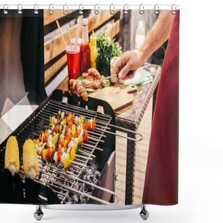 Personality  Man Checking Vegetables And Sausages Grilled For Outdoors Barbecue Shower Curtains