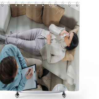 Personality  Overhead View Of Psychotherapist Writing On Clipboard And Young Patient Crying On Couch Shower Curtains