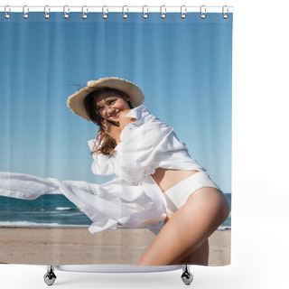Personality  Positive Young Woman In White Shirt Holding Sun Hat Near Blue Sea Shower Curtains