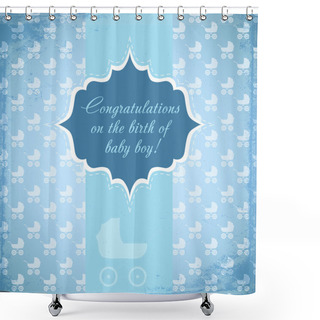 Personality  Card For Baby With A Baby Carriage. Vector Shower Curtains