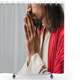 Personality  Cropped View Of Bearded Man Praying Isolated On Grey Shower Curtains
